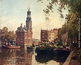 Amsterdam Canvas Paintings - The Flowermarket On The Singel, Amsterdam, With The Munttoren Beyond